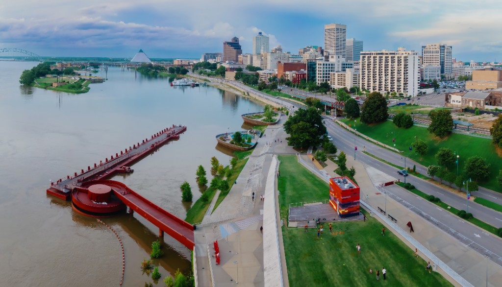 Aerial view of downtown Memphis and the Mississippi River at Tom Lee Park